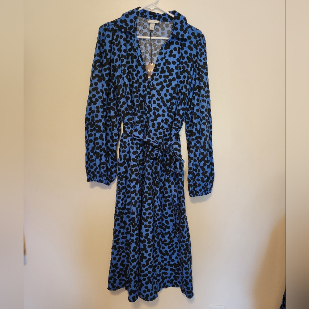 🎯nwot ava & viv blue & black polka dot buttondown Belted shirtdress - Picture 3 of 5